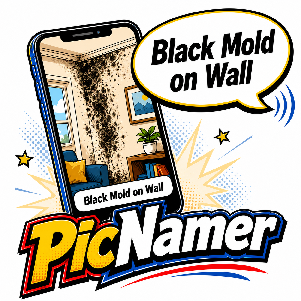 PicNamer documenting black mold on a wall, captioned automatically.